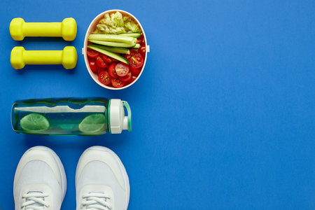 Creative flat lay of sport and fitness equipments. Women's white sneakers, bottle of water,...