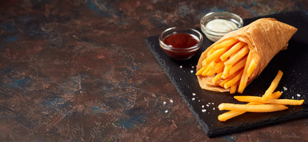 Tasty french fries with sauces on slate cutting board, on dark background