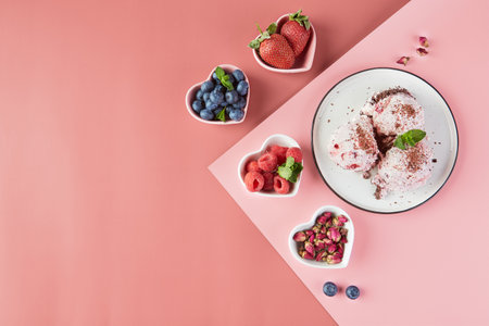 Plate with balls of ice cream with berries and small plates in the form of hearts with fresh berries, strawberries, raspberries, blueberries on a pink background. Top viewの写真素材