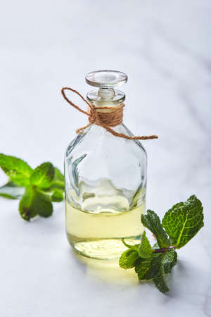 bottle with mint essential oil and green leaf on white background. Natual organic ingredients for cosmetics, skin care, body treatment. Beauty care conceptの写真素材