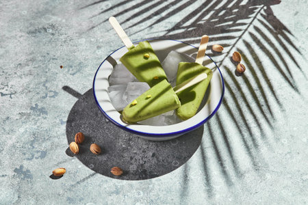 Frozen homemade pistachio in bowl of ice on gray background with palm leaf shadow in harsh light. Refreshing , frozen green juice on stick. Top view, copy spaceの写真素材
