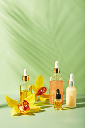 Cosmetic care products in glass bottles with orchid flowers - serums, cream, gel, oils. Concept for face and body care, wellness and spa, tropical relaxationの写真素材