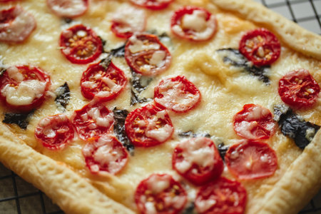 Puff pastry tart with cherry tomatoes, mozzarella and purple basilの写真素材