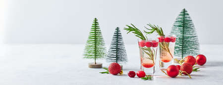 Alcoholic cocktail or non-alcoholic mocktail with vodka and cranberries in shots with fir branches for christmas. Long wide bannerの写真素材
