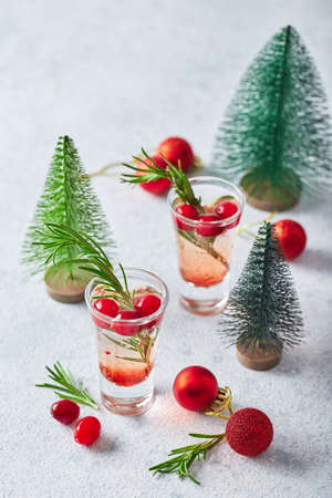 Alcoholic cocktail or non-alcoholic mocktail with vodka and cranberries in shots with fir branches for christmasの写真素材