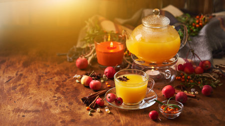 Glass teapot and cup with sea buckthorn tea with spices and autumn small crabapples on wooden backgroundの写真素材