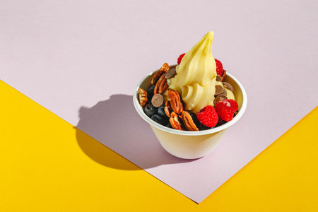 Frozen yogurt with raspberries, blueberries, chocolate drops and pecans. Hard light, deep shadowの写真素材