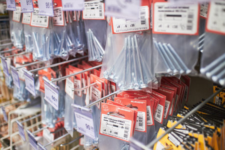 Showcase in hardware store with accessories for fixing furnitureのeditorial素材