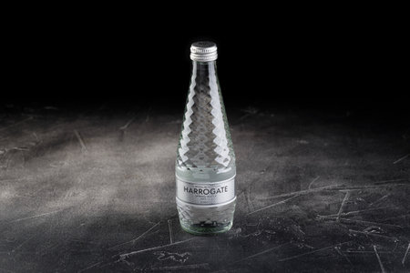 Glass bottle of carbonated spring water Harrogate. British brand of carbonated soft drinksのeditorial素材