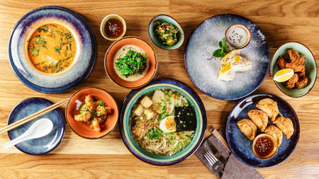 Set of assorted pan asian dishes. Chinese, Korean, Japanese cuisine. Soups, dumplings, noodles, salads, rice, wok and desserts. Flat lay top-down composition on wooden table.の写真素材