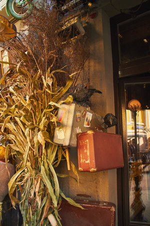 Cafe entrance decorated in Halloween style, with beautiful pumpkins, dried flowers, crows and antiquesのeditorial素材
