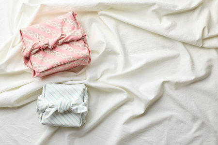 Eco-friendly gift wrap in traditional japanese furoshiki style, Zero Wast concept
