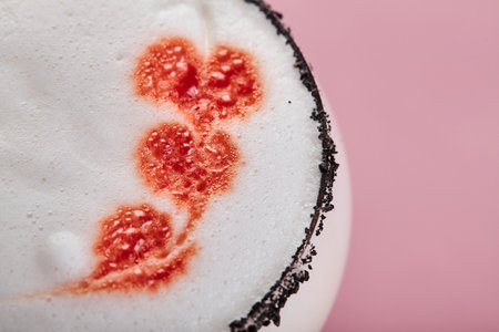 Cold alcoholic or non-alcoholic cocktail with foam on pastel background. Hard light, deep shadow.の写真素材