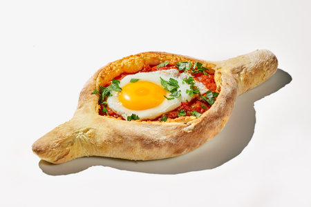 Adjarian khachapuri on white background. An unconventional version of Georgian cuisine, dough boat with cheese, tomatoes, herbs and fried egg.の写真素材