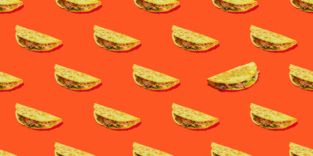 Pattern of corn tortilla tacos stuffed with vegetables and meat on a red background. Traditional Tex-Mex dishの写真素材