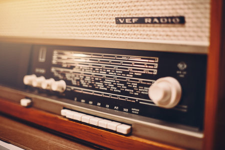 Istra, Russia - September 06, 2021: Vintage record player with radio 60's. Vintage Player Control Panelのeditorial素材