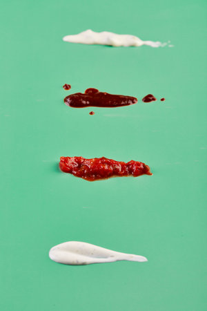 Set of different sauces - salsa, ketchup, tabasco, ranch and sour cream on a green background. Set of textures of smeared saucesの写真素材