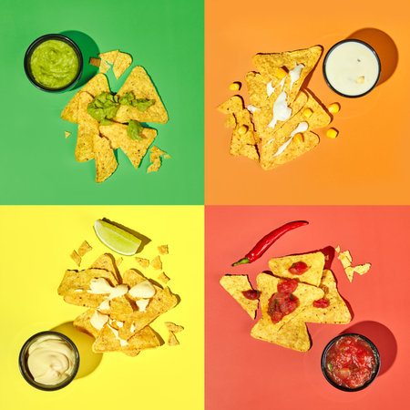 Set of different sauces - salsa, ranch guacamole and cheese with nachos corn chips on multicolored...