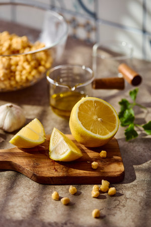 Chickpeas, lemon, tahini and herbs, ingredients for making hummus, close up.の写真素材