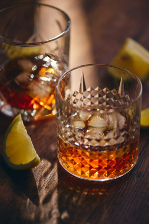 Glasses of whiskey with ice and lemon slices on a wooden table in the rays of light. Shallow depth...