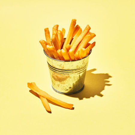 Tasty French fries in metal bucket on yellow table in sunlight