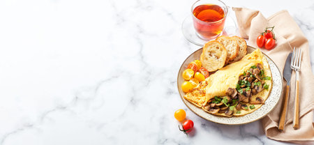 Omelet with champignons and parsley in plate on marble background. Frittata - italian omelet