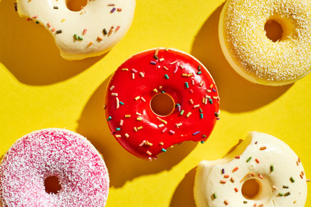 Overhead view of various donuts with confetti arranged on yellow background