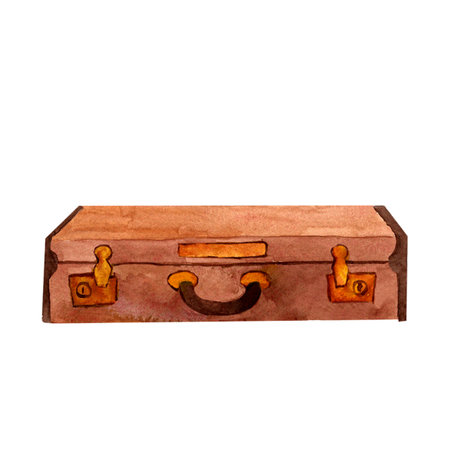 Composition of antique leather suitcases hand-painted in vintage style watercolor object isolated on a white background. Interior decor and wall art on retro themes, travel, libraries, books, museums.の写真素材