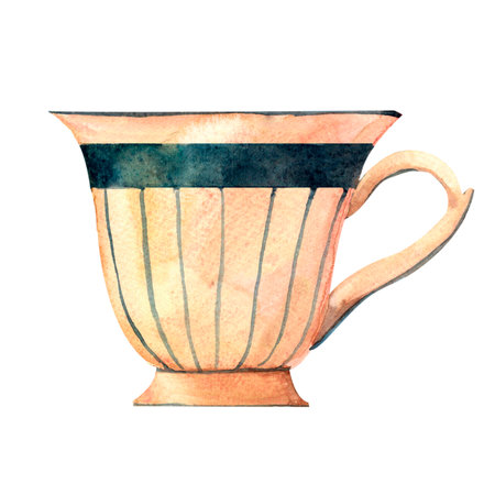 Antique porcelain tea and coffee cup. Hand painted watercolor vintage illustration in warm tones isolated on a white background for scrapbooking, stickers, advertising, retro flyers and postcards.の写真素材