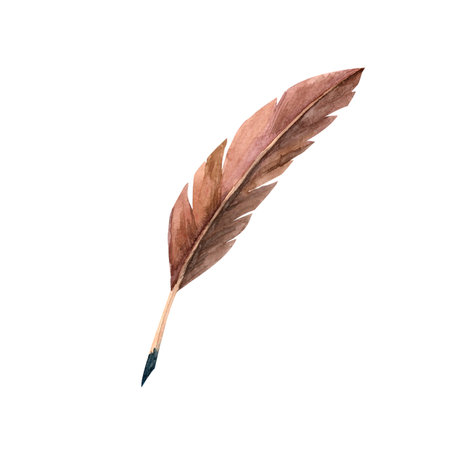 An antique pen for writing with ink. Hand painted watercolor vintage illustration in warm tones isolated on a white background for scrapbooking, stickers, advertising, retro flyers and postcards.の写真素材