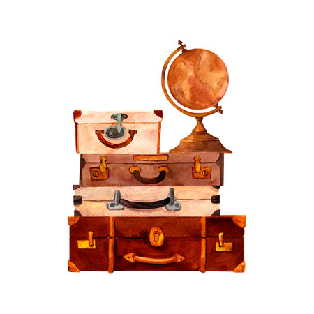 Vintage leather travel bags and antique earth globe composition. Hand painted watercolor illustration in warm tones for Scrapbooking, stickers, travel and advertising, retro flyers and postcards.の写真素材