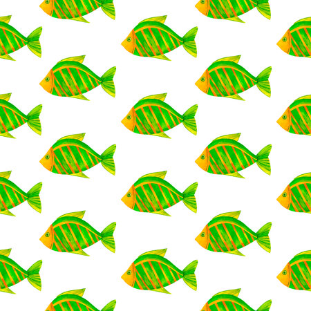 Yellow and green sea fish. Marine underwater seamless pattern, watercolor art in ocean kids style, for decorating children's room, package, scrapbook, school, nursery, invitation, print, postcard.の写真素材