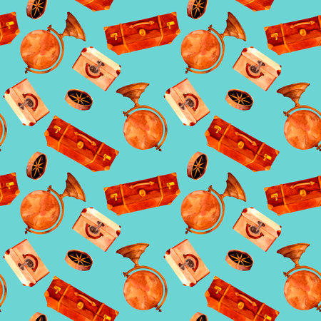 Antique travel luggage bags and earth globe. Old-fahioned vintage watercolor clip art. Seamless pattern in retro style for prints on wallpaper, textiles, diy, scrapbooking for packagingの写真素材