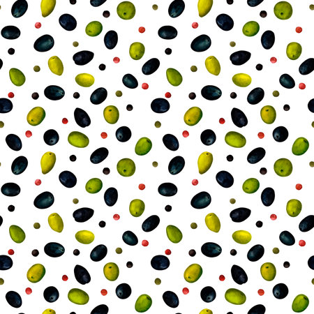 Olive black, green and peppercorn. Seamless pattern for prints on wallpaper, textiles, scrapbooking for packaging. For kitchen and restaurant design, recipe book. Cottagecore and farmhouse design.の写真素材