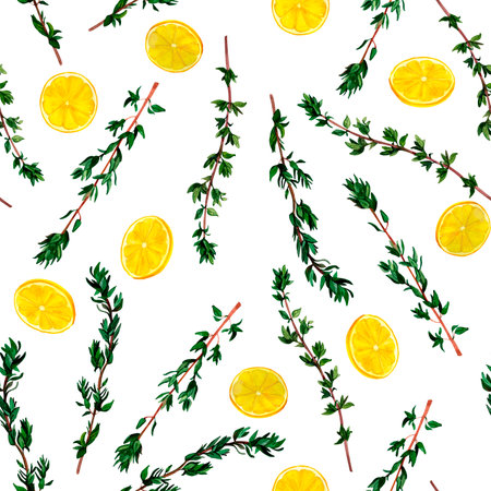 Citrus yellow lemon and thyme aromatic herb. Seamless pattern for prints on wallpaper, textiles, diy, scrapbooking for packaging. For kitchen and restaurant decor, cook and recipe book.の写真素材