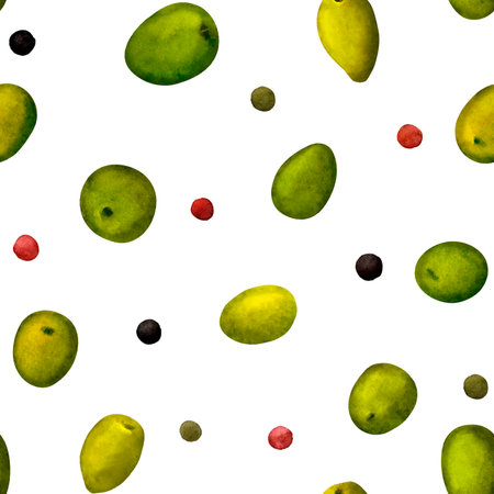 Olive green and peppercorn. Seamless pattern for prints on wallpaper, textiles, scrapbooking for packaging. For kitchen and restaurant design, cook and recipe book. Cottagecore and farmhouse design.の写真素材