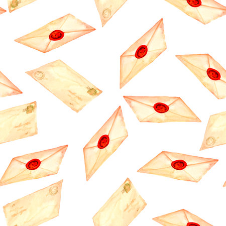 Antique letters and envelopes. Old-fahioned vintage watercolor clip art. Seamless pattern in retro style for prints on wallpaper, textiles, diy, scrapbooking for packaging.の写真素材