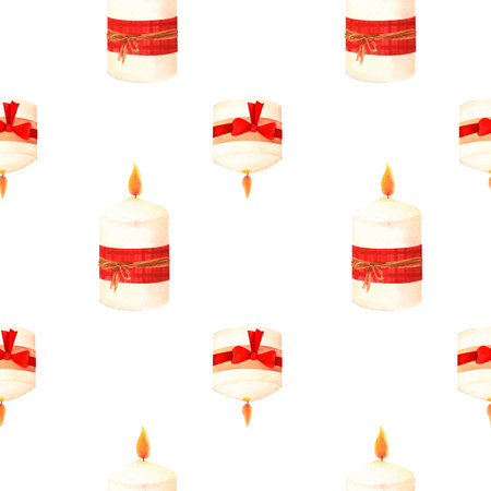 Wax or paraffin white candle seamless pattern. Watercolor illustration for festive occasion or spa theme. Hand drawn clipart for postcard, printing, candlemakers.の写真素材