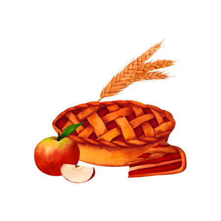 A fragrant pie with a thick crust, stuffed with apples, berries or pumpkins. Watercolor botanical isolated illustration for tea party, harvest festival, rustic, farm or rural style, harvest festival,の写真素材