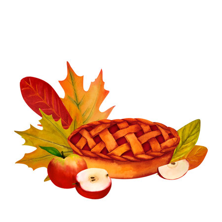 Apple baked pie and autumn leaves clip art, watercolor realistic botanical illustration, for prints, invitations, cards for the fall holidays Thanksgiving, Halloween, harvest festival, farmer's marketの写真素材
