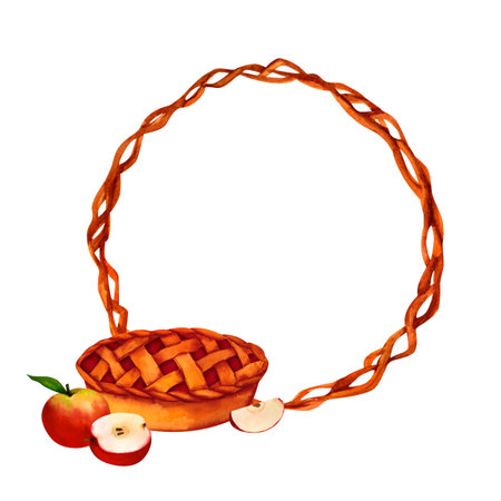 A fragrant pie with a thick crust, stuffed with apples, berries or pumpkins. Watercolor botanical isolated illustration for tea party, harvest festival, rustic, farm or rural style, harvest festival,の写真素材