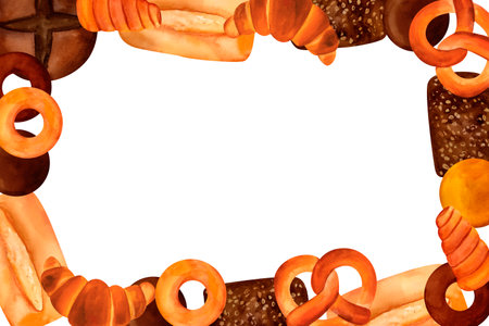 Breads - buns, baguettes, loaves, croissants, pretzels, rye and wheat watercolor frame For prints on textile and paper, plates and dishes, for kitchen, restaurant menus, recipes, cookbook.の写真素材