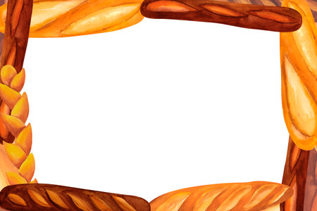 Breads - buns, baguettes, loaves, croissants, pretzels, rye and wheat watercolor frame For prints on textile and paper, plates and dishes, for kitchen, restaurant menus, recipes, cookbook.の写真素材