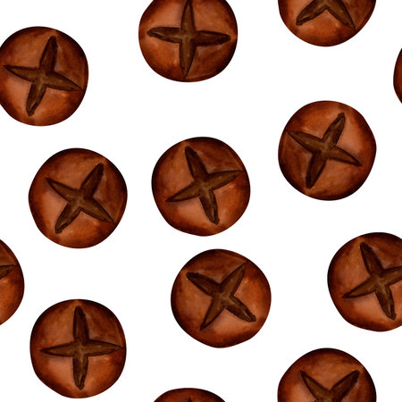 Breads - buns, baguettes, loaves, croissants, pretzels, rye and wheat watercolor seamless pattern. For prints on textile and paper, plates and dishes, for kitchen, restaurant menus, recipes, cookbook.の写真素材