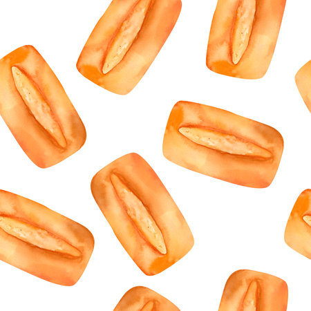 Breads - buns, baguettes, loaves, croissants, pretzels, rye and wheat watercolor seamless pattern. For prints on textile and paper, plates and dishes, for kitchen, restaurant menus, recipes, cookbook.の写真素材
