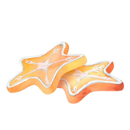 Star-Shaped Gingerbread composition A delightful watercolor gingerbread cookie, decorated with...