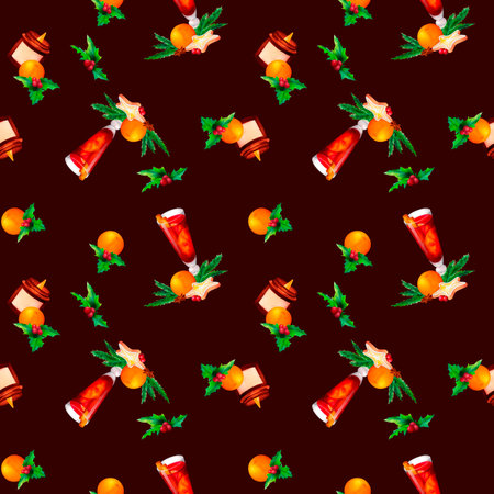 A festive arrangement of mulled wine, oranges, cookies, and holly sprigs on a dark backdrop. Watercolor seamless pattern ideal for Christmas wrapping paper, decorative fabrics, winter decorの写真素材