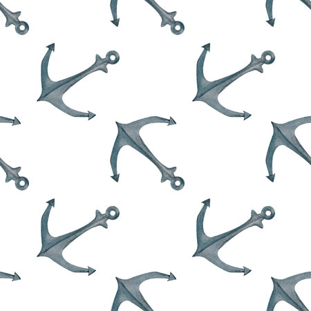 A seamless anchor pattern in soft watercolor shades, ideal for beach weddings, maritime decor, or adventure-themed designs.の写真素材