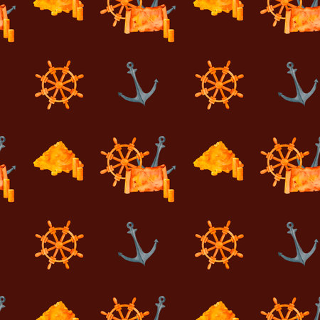 A nautical corsair pattern with a ship wheel, anchor, treasure map, and golden treasures. This watercolor design suits beach-themed accents, summer events, and maritime stationery.の写真素材