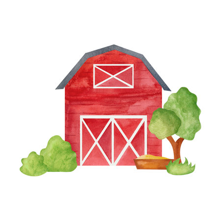 Red barn with trees and bushes: Watercolor illustration of a red barn surrounded by green trees and bushes on a farm. Perfect for rural themes, greeting card designs, or rustic decor elements.の写真素材